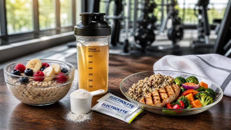 Três refeições e um shake de suplemento organizados em um ambiente de academia para nutrição pré, intra e pós-treino.