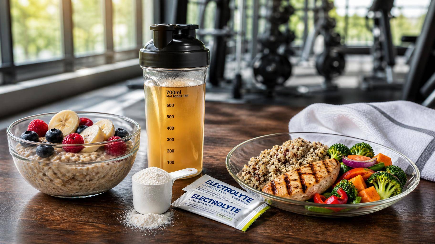 Três refeições e um shake de suplemento organizados em um ambiente de academia para nutrição pré, intra e pós-treino.