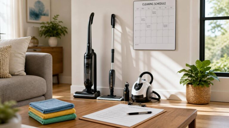 Kit de limpeza organizado com aspirador vertical, mop spray, limpador a vapor e calendário de tarefas ao lado.